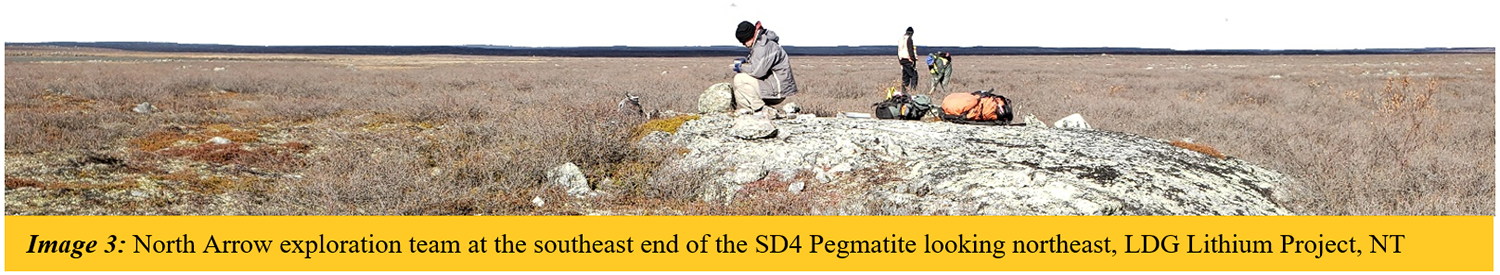 North Arrow exploration team at the southeast end of the SD4 Pegmatite looking northeast, LDG Lithium Project, NT