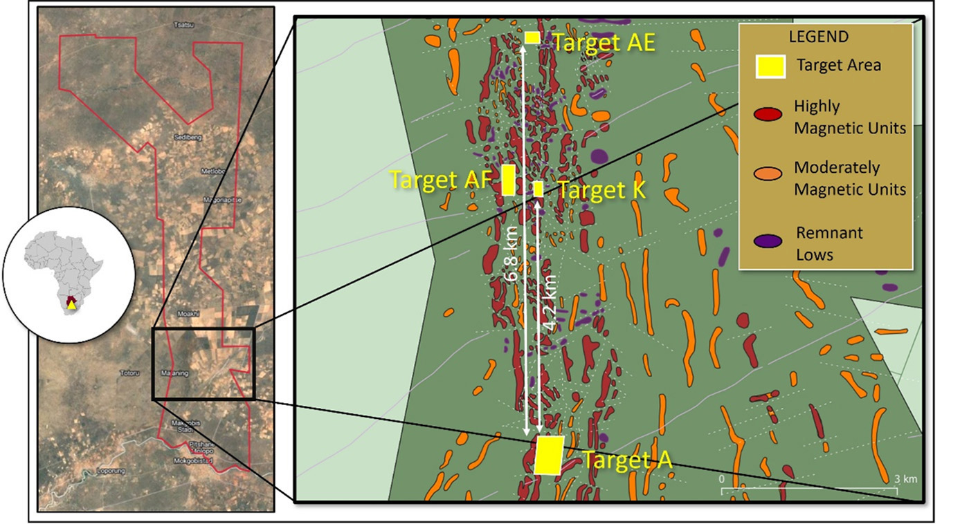 The Kraaipan Project, Botswana - Target A, AF and AE the focus of Rotation 1 and 2 2026 RC drilling program. Further prospecting and geological mapping required at Target K in advance of any drilling.