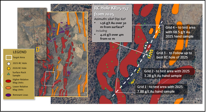 Target A at Kraaipan Project – 20 angled holes were completed during Rotation 1, 2026 RC drilling.